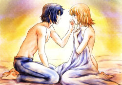 Rule 34 | 1boy, 1girl, athrun zala, barefoot, bed sheet, between legs, blonde hair, blue hair, blue pants, blush, cagalli yula athha, clothed male nude female, collarbone, couple, covering privates, eye contact, from side, full body, green eyes, gundam, gundam seed, hand between legs, kneeling, looking at another, naked sheet, nude, pants, parubinko, profile, short hair, sitting, topless male, wariza, yellow eyes