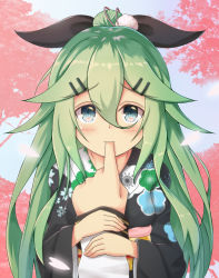Rule 34 | 10s, 1girl, black ribbon, blush, finger in another&#039;s mouth, finger to mouth, floral print, green eyes, green hair, hair between eyes, hair ornament, hair ribbon, hairclip, holding another&#039;s arm, japanese clothes, kantai collection, kimono, long hair, long sleeves, looking at viewer, petals, pov, pov hands, ribbon, shishi0748, solo focus, tree, upper body, wide sleeves, yamakaze (kancolle)