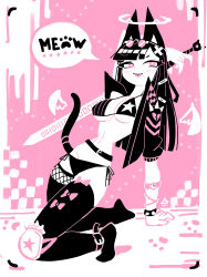 Rule 34 | 1girl, andaerz, animal ears, arm support, barefoot, belt, bikini, binary, boots, bracelet, cat ears, cat girl, cat tail, commentary, english commentary, eyewear on head, highres, jacket, jewelry, knee pads, kneeling, limited palette, looking at viewer, original, side-tie bikini bottom, solo, speech bubble, spiked bracelet, spikes, sunglasses, swimsuit, sword, tail, thigh boots, thighhighs, tongue, tongue out, watch, weapon, wristwatch