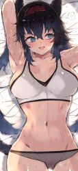 1girl animal_ears arknights armpits arms_up bed_sheet black_hair blaze_(arknights) blue_eyes breasts cat_ears cat_girl cat_tail collarbone hair_between_eyes hairband highres kyuu_(plastic_night_q) large_breasts long_hair looking_to_the_side lying navel on_back paid_reward_available red_hairband smile solo spoken_blush sports_bikini sports_bra stomach tail very_long_hair white_sports_bra