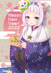 Rule 34 | 1girl, 2022, arched bangs, blush, divergenceok, grey hair, hair bun, hair ornament, happy new year, highres, hololive, japanese clothes, kimono, looking at viewer, murasaki shion, murasaki shion (new year), nail polish, new year, official alternate costume, open mouth, print kimono, purple kimono, purple nails, smile, solo, virtual youtuber, yellow eyes