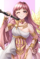 Rule 34 | 1girl, armband, axe, bare shoulders, blunt bangs, breasts, choker, cleavage, closed mouth, commentary, cowboy shot, dancer, dancer (fire emblem: three houses), dress, earrings, female focus, fire emblem, fire emblem: three houses, freikugel (weapon), hilda valentine goneril, holding, holding axe, holding weapon, hoop earrings, jewelry, large breasts, long hair, looking at viewer, matching hair/eyes, nintendo, one eye closed, pink eyes, pink hair, single-shoulder dress, smile, solo, ten (tenchan man), weapon, white dress, wink