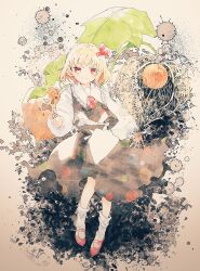 Rule 34 | 1girl, ascot, black skirt, black vest, blonde hair, bob cut, chinese lantern (plant), closed mouth, darkness, food, frilled shirt collar, frills, fruit, fruit background, full body, hair ribbon, hand up, highres, itomugi-kun, leaf, lens flare, long sleeves, looking at viewer, mary janes, medium skirt, muted color, open hand, puffy long sleeves, puffy sleeves, red ascot, red eyes, red footwear, red ribbon, ribbon, rumia, shirt, shirt tucked in, shoes, short hair, skirt, skirt set, socks, solo, standing, tan background, touhou, vest, white shirt, white socks, wing collar