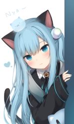 Rule 34 | 1girl, :3, amashiro natsuki, animal ears, black jacket, black ribbon, blue eyes, blue hair, blue nails, blush, cat ears, cat girl, cat tail, closed mouth, commentary request, creature, heart, highres, jacket, long hair, long sleeves, mixed-language commentary, nail polish, neck ribbon, nekoha shizuku, one side up, original, peeking out, ribbon, sleeves past wrists, smile, solo, tail, upper body, very long hair, wing collar
