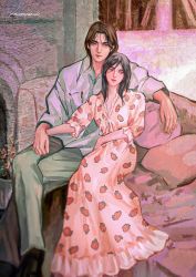 Rule 34 | 1boy, 1girl, bad id, bad twitter id, black hair, brown hair, collared shirt, copyright request, dress, feet out of frame, food print, frilled dress, frills, grey eyes, highres, lacampanule, long hair, long sleeves, looking at viewer, print dress, shirt, signature, sitting, strawberry print, white shirt