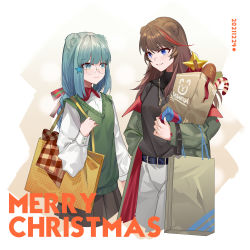 Rule 34 | 2girls, alternate costume, animal ears, aqua eyes, aqua hair, arknights, bag, bear ears, belt, belt buckle, black sweater, blue eyes, braid, bread, brown hair, brown skirt, buckle, candy, candy cane, casual, closed mouth, cropped legs, dated, food, gift, gradient background, grocery bag, hair ornament, highres, holding, holding bag, istina (arknights), jewelry, long hair, long sleeves, looking at another, merry christmas, miniskirt, multicolored hair, multiple girls, necklace, pants, parted lips, pleated skirt, red hair, rednwhite1999, shirt, shopping bag, single braid, skirt, smile, star (symbol), star hair ornament, streaked hair, sweater, sweater vest, two-tone hair, white background, white pants, white shirt, zima (arknights)