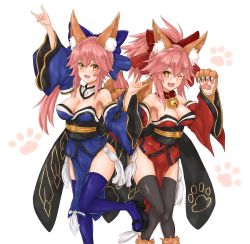 Rule 34 | 10s, 2girls, animal ears, animal hands, bell, black legwear, blue thighhighs, blush, bow, breasts, cleavage, collar, detached sleeves, dual persona, fangs, fate/extra, fate/grand order, fate (series), fox ears, fox shadow puppet, fox tail, hair bow, hair ribbon, highres, japanese clothes, large breasts, long hair, looking at viewer, multiple girls, neck bell, one eye closed, open mouth, paw pose, pink hair, ribbon, tail, tamamo (fate), tamamo cat (fate), tamamo cat (first ascension) (fate), tamamo no mae (fate/extra), thighhighs, yellow eyes