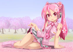 Rule 34 | 00s, 1girl, alternate color, alternate hair color, bad id, bad pixiv id, blush, cherry, cherry blossoms, clothes lift, detached sleeves, flower, food, fruit, hair flower, hair ornament, hatsune miku, headset, highres, kazu-chan, long hair, looking at viewer, matching hair/eyes, name connection, necktie, object namesake, panties, petals, pink eyes, pink hair, sakura miku, skirt, skirt lift, solo, twintails, underwear, very long hair, vocaloid