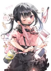 Rule 34 | 1girl, ;d, backpack, bag, bendy straw, black bow, black hair, black skirt, bottle, bow, brown eyes, cellphone, chihiro (khorosho), collared shirt, commentary request, cosmetics, cracked screen, drinking straw, frilled shirt collar, frilled skirt, frills, hair bow, hand mirror, heart, lipstick tube, long hair, looking at viewer, makeup brush, mask, mask pull, mirror, mouth mask, one eye closed, open mouth, original, perfume bottle, phone, piercing, pink shirt, puffy short sleeves, puffy sleeves, shirt, short sleeves, simple background, skirt, smile, solo, strong zero, tongue piercing, twintails, white background