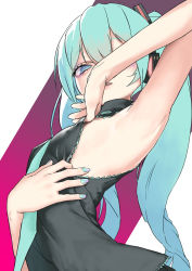 Rule 34 | 1girl, aqua hair, aqua necktie, arm up, armpits, bad id, bad twitter id, blue eyes, blue nails, breasts, eyelashes, hair ornament, hatsune miku, headphones, highres, lips, long hair, makeup, nail polish, necktie, open mouth, presenting armpit, rsk (tbhono), simple background, sleeveless, small breasts, solo, twintails, two-tone background, vocaloid