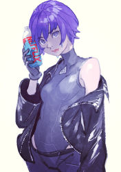 Rule 34 | 1girl, black jacket, bottle, breasts, cowboy shot, ghost in the shell, ghost in the shell: sac 2045, gloves, grey gloves, hand up, highres, jacket, kusanagi motoko, long sleeves, medium breasts, off shoulder, pomodorosa, purple eyes, purple hair, short hair, simple background, solo, white background