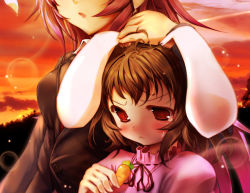 Rule 34 | 2girls, :o, animal ears, blush, brown hair, carrot necklace, duplicate, female focus, height difference, inaba tewi, multiple girls, necklace, open mouth, rabbit ears, red eyes, reisen udongein inaba, scarlet (studioscr), short hair, solo focus, touhou, upper body