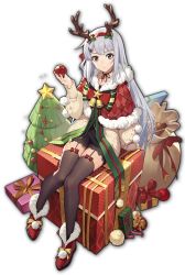 Rule 34 | 1girl, antlers, apple, artist request, beige sweater, bell, christmas, christmas ornaments, christmas tree, food, fruit, game cg, gift, green eyes, green ribbon, hair ornament, holding, holding food, holding fruit, holly, holly hair ornament, horns, long hair, looking at viewer, mahjong soul, official art, red ribbon, ribbon, sack, silver hair, simple background, sitting, solo, star (symbol), sweater, thighhighs, third-party source, transparent background, yagi yui
