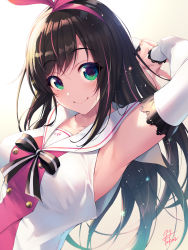 Rule 34 | 1girl, armpits, arms behind head, arms up, black hair, breasts, buttons, closed mouth, collarbone, collared shirt, commentary request, detached sleeves, fukai ryosuke, green eyes, hairband, highres, kizuna ai, kizuna ai inc., lace trim, light particles, long hair, long sleeves, looking at viewer, medium breasts, multicolored hair, pink hair, pink hairband, sailor collar, shirt, sidelocks, signature, smile, solo, streaked hair, swept bangs, upper body, virtual youtuber, white sailor collar, white shirt