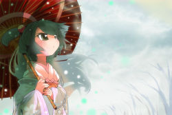 Rule 34 | 1girl, green hair, japanese clothes, kimono, oil-paper umbrella, original, snow, solo, umbrella, usoneko