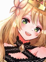 Rule 34 | 1girl, :d, bare shoulders, blonde hair, butterfly hair ornament, celine (fire emblem), close-up, crown, fire emblem, fire emblem engage, green eyes, hair ornament, head tilt, long hair, looking at viewer, mesay1096, nintendo, open mouth, smile, solo, teeth, upper body, upper teeth only, white background