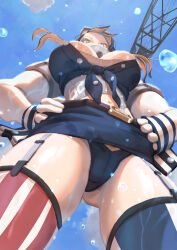 Rule 34 | 1girl, absurdres, belt, belt buckle, blonde hair, blue panties, blue sky, breasts, brown belt, buckle, cloud, commentary, english commentary, from below, garter straps, gluteal fold, hands on own hips, highres, iowa (kancolle), kantai collection, large breasts, long hair, navel, panties, shirt, skirt, sky, solo, striped clothes, striped thighhighs, thighhighs, thighs, tied shirt, underwear, uss new jersey (bb-62), ye fan