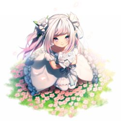 Rule 34 | 10s, 1girl, bouquet, dress, final fantasy, final fantasy xiv, flower, hair flower, hair ornament, kneeling, lalafell, long hair, mocchiri oyaji, pink eyes, pink hair, pointy ears, smile, solo, thighhighs, twintails, very long hair, warrior of light (ff14), wedding dress, white dress, white thighhighs