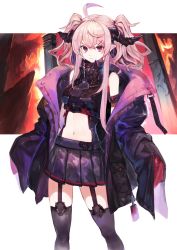 Rule 34 | 1girl, ahoge, black horns, black jacket, black skirt, black tank top, character request, column, commentary, copyright request, demon horns, garter straps, gorget, hair ornament, hairpin, harutask, highres, horns, jacket, looking at viewer, medium hair, midriff, miniskirt, navel, off shoulder, pillar, pink eyes, pink hair, pleated skirt, pocket, pointy ears, sidelocks, skirt, sleeves past fingers, sleeves past wrists, solo, stomach, symbol-only commentary, tank top, thighhighs, twintails, zettai ryouiki