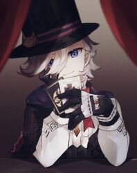 Rule 34 | 1boy, bishounen, black gloves, card, genshin impact, gloves, hand on own cheek, hand on own face, hand up, hat, highres, looking at viewer, lyney (genshin impact), male focus, nekorin chu, playing card, purple eyes, short hair, simple background, smile, solo, teardrop facial mark, teardrop tattoo, top hat, upper body