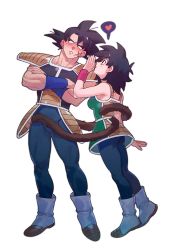 Rule 34 | 1boy, 1girl, :&lt;, :o, arm at side, armor, ass, bardock, bare arms, bare shoulders, black eyes, black hair, blue legwear, blush, boots, breasts, collarbone, couple, crossed arms, dragon ball, dragon ball minus, dragon ball super, dragon ball super broly, embarrassed, eyelashes, facial scar, fingernails, frown, full-face blush, full body, furrowed brow, gine, hand to own mouth, hand up, heart, hetero, highres, leaning, leaning to the side, looking at another, looking to the side, medium breasts, medium hair, messy hair, monkey tail, muscular, nervous, open mouth, profile, qiashucai, scar, scar on cheek, scar on face, shy, sideboob, simple background, skirt, speech bubble, spoken heart, standing, tail, tiptoes, whispering, white background, white footwear, wristband