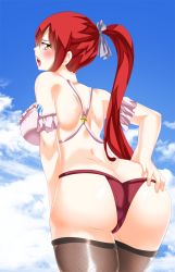 Rule 34 | 1girl, ass, ass grab, back, bare shoulders, blush, bra, breasts, brown eyes, butt crack, deep skin, erza scarlet, facu10mag, fairy tail, female focus, from behind, hair ribbon, huge ass, large breasts, leaning, leaning forward, long hair, looking at viewer, looking back, open mouth, panties, ponytail, red hair, ribbon, shiny skin, sideboob, solo, tattoo, thighhighs, thong, underwear