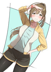 Rule 34 | 1girl, absurdres, ahoge, artist request, black shorts, blue shirt, brown hair, commentary request, dutch angle, high ponytail, highres, idolmaster, idolmaster shiny colors, jacket, kuwayama chiyuki, leggings, long hair, long sleeves, looking at viewer, open clothes, open jacket, pantyhose, shirt, shorts, solo, sweat, track jacket, wristband, yellow eyes