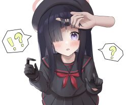 Rule 34 | !?, 1girl, ?, beret, black gloves, black hair, black headwear, black shirt, black skirt, blue archive, blunt bangs, blush, disembodied hand, gloves, hair lift, hair over one eye, hat, highres, justice task force member (blue archive), long hair, long sleeves, looking at viewer, mosae, neckerchief, open mouth, purple eyes, red neckerchief, school uniform, shirt, simple background, skirt, solo focus, speech bubble, spoken question mark, white background