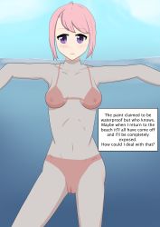 Rule 34 | 1girl, absurdres, ahoge, armpits, arucaxis, beach, bikini, bodypaint, breasts, cleft of venus, closed mouth, collarbone, completely nude, english text, exhibitionism, feet out of frame, female focus, highres, medium breasts, navel, nipples, nude, original, outdoors, painted clothes, pink hair, public indecency, purple eyes, pussy, short hair, smile, swimsuit, thighs, uncensored, underwater