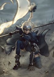 Rule 34 | 1girl, armor, armored boots, armored dress, artist name, battle, blonde hair, blue eyes, blue thighhighs, boots, braid, cloud, cloudy sky, commentary, dress, english commentary, fate/apocrypha, fate (series), faulds, floating hair, floating rock, gauntlets, headpiece, highres, jeanne d&#039;arc (fate), jeanne d&#039;arc (ruler) (fate), kneeling, long braid, long hair, looking at viewer, on one knee, plackart, raikoart, rock, signature, single braid, sky, solo focus, standard bearer, thighhighs