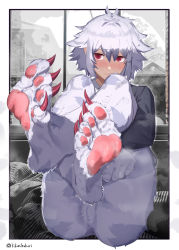 Rule 34 | 1girl, absurdres, anus, barefoot, blush, border, bottomless, claws, closed mouth, commission, feet, female focus, foot focus, grey fur, grey hair, highres, hugging own legs, kikimifukuri, looking at viewer, monster girl, original, outside border, pawpads, red eyes, smile, soles, solo, toes, twitter username, white border