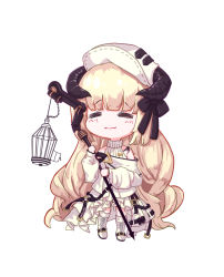Rule 34 | 1girl, = =, ansan ey, arknights, bare shoulders, birdcage, blonde hair, blush, boots, cage, chibi, closed mouth, dress, full body, hat, holding, holding staff, horns, korean commentary, long hair, long sleeves, nightingale (arknights), off-shoulder dress, off shoulder, simple background, sleeveless, sleeveless sweater, smile, solo, staff, sweater, turtleneck, turtleneck sweater, very long hair, white background, white dress, white footwear, white hat