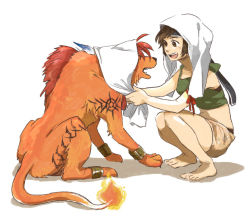 Rule 34 | 1990s (style), 1girl, animal, ankle cuffs, anklet, barefoot, black hair, eye contact, fangs, feathers, final fantasy, final fantasy vii, fire, headband, jewelry, looking at another, matsuri6373, midriff, navel, open mouth, red hair, red xiii, retro artstyle, ribbon, shadow, short shorts, shorts, simple background, smile, squatting, tail, tank top, tattoo, towel, towel on head, yuffie kisaragi