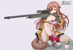 Rule 34 | 1girl, :q, ai arctic warfare, animal ears, ass, black gloves, bolt action, breasts, brown eyes, brown hair, chili pepper, cleavage, coffee, commentary request, cup, dateya torahachi, dog ears, dog girl, dog tail, english text, fingerless gloves, gloves, gun, hair between eyes, hair ornament, hairclip, heart, highres, holding, holding gun, holding weapon, hololive, inugami korone, inugami korone (1st costume), jacket, long hair, purple socks, rifle, sitting, smile, sniper, sniper rifle, socks, solo, tail, tongue, tongue out, virtual youtuber, weapon