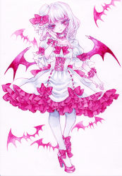 Rule 34 | 1girl, bat (animal), bat wings, bow, colored eyelashes, dress, eyelashes, frilled dress, frilled skirt, frilled sleeves, frills, full body, hair bow, hair ribbon, hat, hat bow, looking at viewer, miri (tobira no mukou), open mouth, painting (medium), puffy sleeves, red bow, red eyes, red footwear, remilia scarlet, ribbon, shoes, short hair, short sleeves, simple background, skirt, solo, touhou, traditional media, watercolor (medium), white background, white dress, white hair, white legwear, wings, wrist cuffs