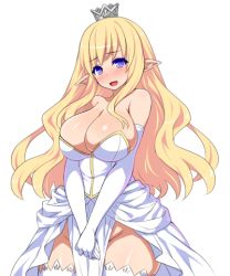 Rule 34 | 1girl, bare shoulders, blonde hair, blue eyes, blush, breasts, chokushin meikyuu toraware no elf wo h de sukue, cleavage, cowboy shot, crown, dress, elbow gloves, elf, eyebrows, game cg, gloves, groin, huge breasts, impossible clothes, kaguradou (company), legs, long hair, looking at viewer, lowres, original, parted lips, pointy ears, smile, solo, standing, thighhighs, thighs, transparent background, white dress, white gloves