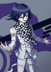 Rule 34 | 1boy, absurdres, belt, buttons, checkered clothes, checkered scarf, cowboy shot, danganronpa (series), danganronpa v3: killing harmony, double-breasted, flipped hair, grey background, grey jacket, grey pants, hair between eyes, highres, jacket, long sleeves, lower teeth only, male focus, open mouth, oma kokichi, pants, purple background, purple eyes, scarf, short hair, solo, teeth, tongue, ttegi (ddeck dg)