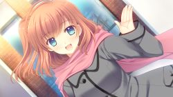 Rule 34 | 1girl, blue eyes, bluette nicolette planquette, blush, coat, dutch angle, eyebrows, floating hair, game cg, happy, long sleeves, looking at viewer, nishimata aoi, open mouth, orange hair, otome riron to sonogo no shuuhen: belle &eacute;poque, outdoors, scarf, short hair, side ponytail, smile, solo, standing, suzuhira hiro, waving, wind