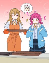 2girls ^_^ ahoge alternate_hairstyle animal apron asagi_(love_live!) bad_id bad_twitter_id baking_sheet blue_jacket blue_skirt blunt_bangs blunt_ends blush brown_hair closed_eyes closed_mouth collared_shirt commentary cookie counter dress_shirt eating food food_in_mouth gradient_background grey_fur hair_between_eyes hamster happy happy_aura heart height_difference highres holding holding_cookie holding_food holding_tray image_in_thought_bubble jacket jitome kishimen_hair long_hair long_sleeves love_live! love_live!_nijigasaki_high_school_idol_club loving_aura multiple_girls neck_ribbon nijigasaki_school_uniform open_clothes open_jacket orange_apron orange_ribbon outline oven_mitts pink_hair plaid_clothes plaid_skirt pleated_skirt ribbon rlqns9995 school_uniform shirt shirt_tucked_in short_hair short_sleeves short_twintails skirt sound_effects sparkle speech_bubble standing symbol-only_commentary tennoji_rina thought_bubble tray twintails white_outline white_shirt yellow_eyes