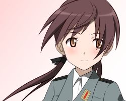 Rule 34 | 00s, 1girl, blush, brown eyes, brown hair, gertrud barkhorn, smile, solo, strike witches, twintails, uniform, vector trace, world witches series