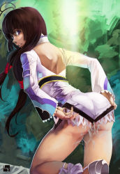 Rule 34 | 1girl, absurdres, adjusting clothes, ass, brown hair, club3, cum, cum on body, highres, kohaku hearts, long hair, looking back, purple eyes, solo, tales of (series), tales of hearts, twintails
