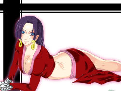 Rule 34 | 1girl, amazon lily, amazon warrior, black hair, blue eyes, boa hancock, breasts, cleavage, earrings, female focus, jacket, jewelry, long hair, long skirt, long sleeves, one piece, red jacket, red skirt, sash, side slit, skirt, solo