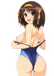 Rule 34 | 1girl, ass, back, bare shoulders, blue one-piece swimsuit, blush, breasts, brown eyes, brown hair, clothes pull, cowboy shot, from behind, hairband, haruhisky, highleg, highleg swimsuit, highres, looking at viewer, looking back, medium breasts, medium hair, nipples, one-piece swimsuit, one-piece swimsuit pull, open mouth, shoulder blades, simple background, smile, solo, strap pull, suzumiya haruhi, suzumiya haruhi no yuuutsu, swimsuit, thigh gap, undressing, wet, yellow hairband