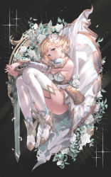 Rule 34 | 1girl, bad id, bad pixiv id, blonde hair, breasts, brown eyes, cleavage, detached sleeves, djeeta (granblue fantasy), flower, glorybringer (granblue fantasy), granblue fantasy, hair flower, hair ornament, highres, medium breasts, milli little, own hands together, rose, solo, sword, thighhighs, thighs, weapon, white flower, white rose