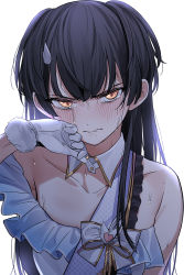 Rule 34 | 1girl, angry, black hair, blush, collar, collarbone, crying, crying with eyes open, detached collar, gloves, highres, idol clothes, idolmaster, idolmaster shiny colors, long hair, looking at viewer, mayuzumi fuyuko, nakamura rohane, simple background, solo, tears, two side up, white background, white collar, white gloves, yellow eyes