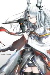 Rule 34 | 1girl, absurdres, animal ears, arknights, black gloves, black thighhighs, character name, commentary, cowboy shot, depayama (depaty), frostnova (arknights), gloves, gradient background, grey background, grey eyes, grey skirt, hair between eyes, hair ornament, hairclip, hand up, highres, holding, holding knife, holding weapon, knife, long hair, miniskirt, rabbit ears, reverse grip, scar, scar on face, scar on nose, silver hair, skirt, solo, standing, thighhighs, weapon, white background, zettai ryouiki
