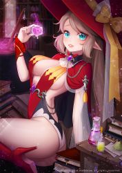 Rule 34 | 1girl, ango, ankkoyom, ass, bad id, bad pixiv id, black legwear, blue eyes, book, bookshelf, boots, bow, breasts, cauldron, fangs, gem, hat, hat bow, hat ribbon, high heels, highres, ice, ice cube, indoors, large breasts, leg up, long hair, looking at viewer, original, parted lips, pink hair, red footwear, revealing clothes, ribbon, solo, test tube, witch, witch hat