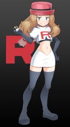 Rule 34 | 1girl, absurdres, black background, black footwear, black gloves, black shirt, blush, boots, brown hair, closed mouth, cosplay, creatures (company), crop top, full body, game freak, gloves, gradient background, hand on own hip, hat, highres, holding, holding poke ball, jessie (pokemon), jessie (pokemon) (cosplay), logo, long hair, long sleeves, midriff, miniskirt, mr.thunderigor, navel, nintendo, pink hat, poke ball, pokemon, pokemon (anime), pokemon xy, serena (pokemon), shirt, simple background, skirt, smile, solo, standing, team rocket, team rocket uniform, thigh boots, thighhighs, thighs, white skirt, zettai ryouiki