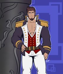 Rule 34 | 1boy, absurdres, bara, beard, blue eyes, brown hair, epaulettes, facial hair, fate/grand order, fate (series), hand on own hip, highres, huge weapon, k0utato, long sideburns, long sleeves, looking at viewer, male focus, napoleon bonaparte (fate), pectorals, scar, simple background, smile, solo, thighs, uniform, weapon
