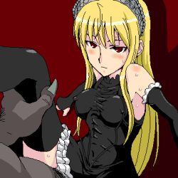 Rule 34 | 00s, 1girl, blonde hair, breasts, cl-55, covered erect nipples, elbow gloves, gloves, hime (kaibutsu oujo), kaibutsu oujo, lowres, red eyes, sex, small breasts, solo focus, thighhighs